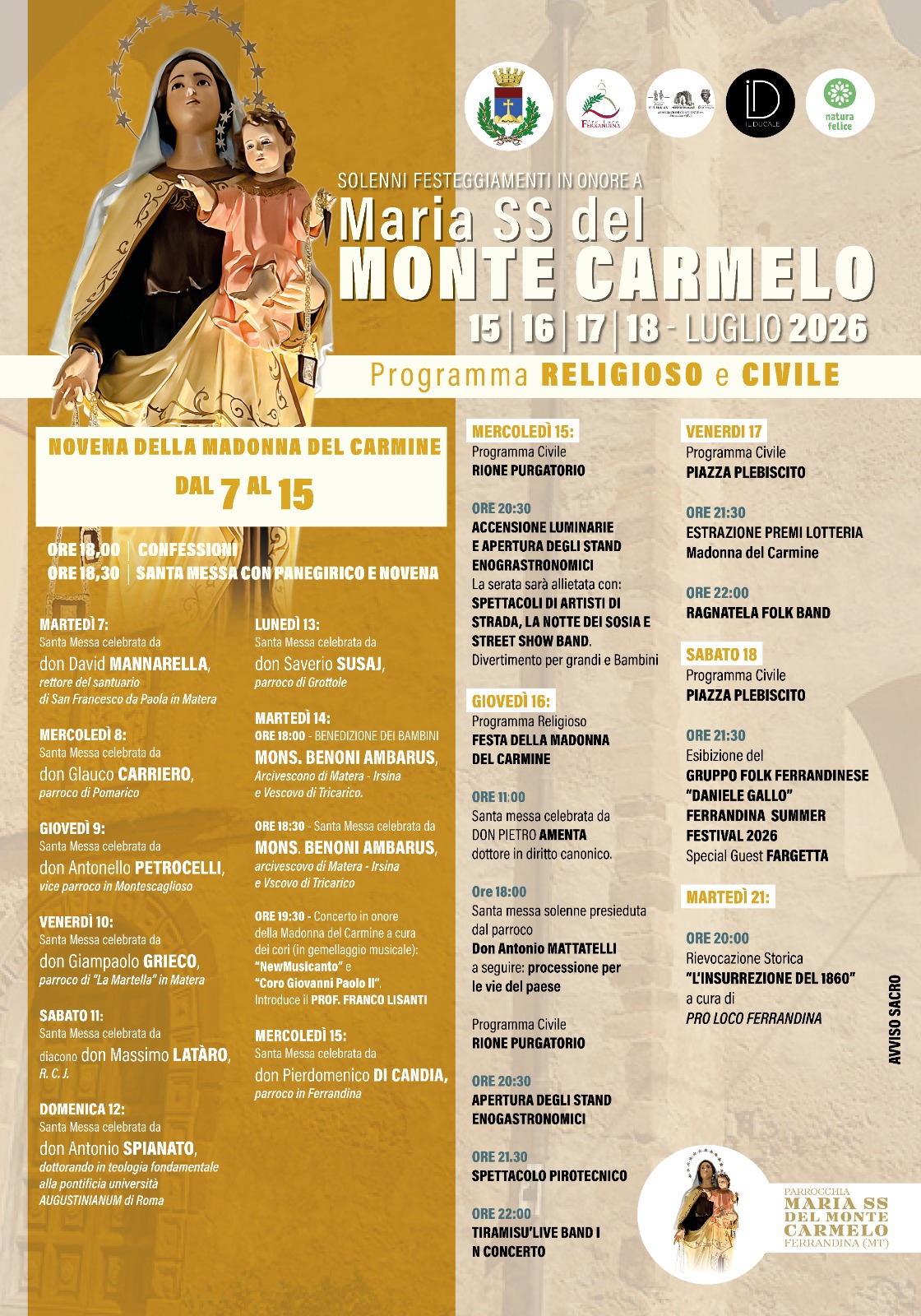 Programma festeggiamenti Madonna del Carmine 2026